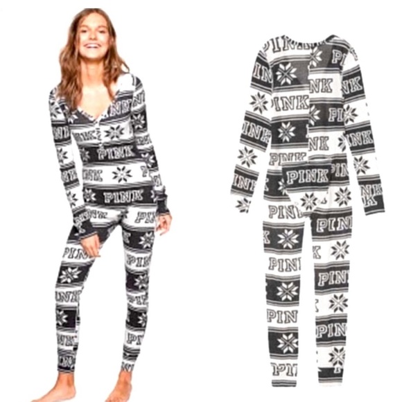 Victoria secret PiNK  onesie thermal pajama snowflakes NEW women - Picture 1 of 6